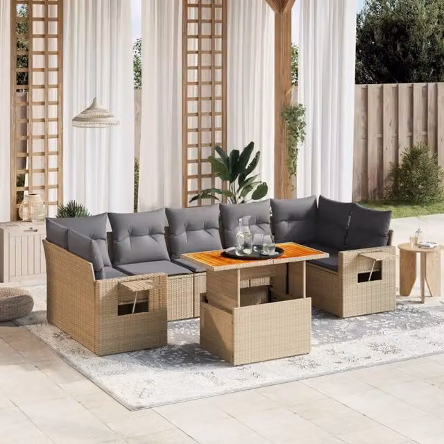 Set Divano da Giardino VIDAXL 8 pz in Polyrattan con Cuscini Beige e Grigio e Tavolino