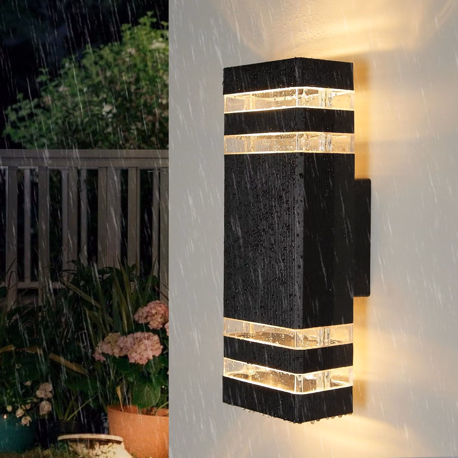 Lampada da parete esterna a LED, grado di protezione IP65, colore nero, 2 attacchi GU10, 6W, 1100 lumen, dimensioni 32x11x11 cm