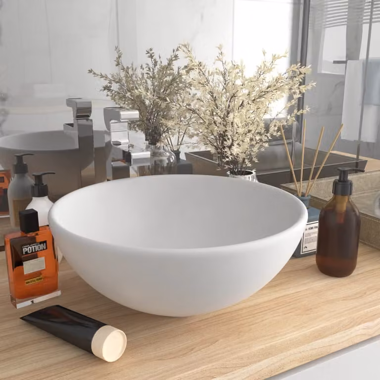 The Living Store Lavabo rotondo bianco opaco 32,5x14 cm in Vetroceramica