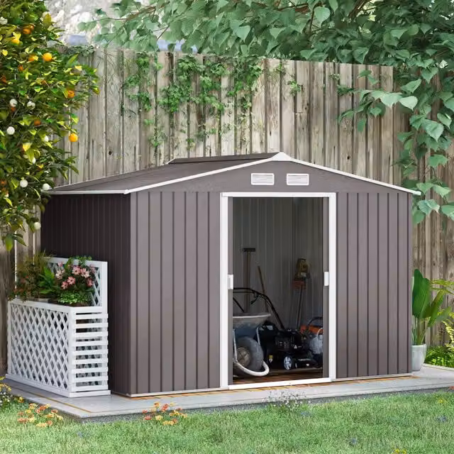 Casetta da giardino WISHDOR in acciaio grigio con doppia porta scorrevole e ventilazione laterale, L: 277 cm, P: 195 cm, H: 192 cm