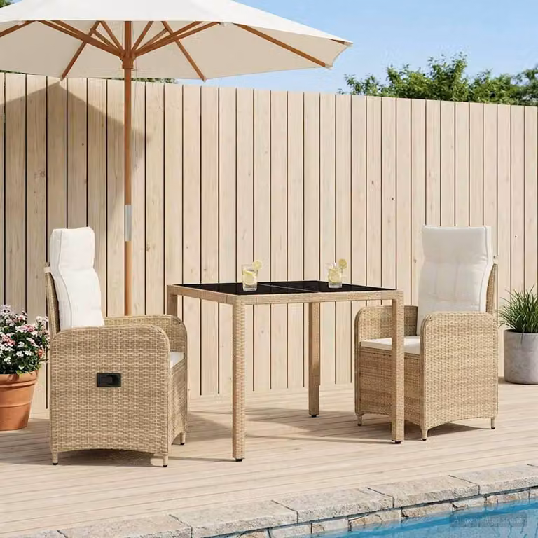 Set da pranzo per esterni vidaXL in polyrattan composto da 3 pezzi, colore beige e bianco crema con piano in vetro