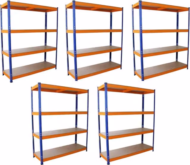 Scaffalatura Monster Racking in Acciaio con 5 Ripiani Blu e Arancione L: 150 cm, H: 180 cm, P: 50 cm