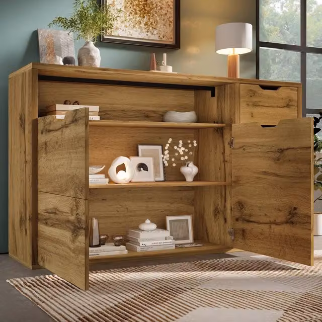 Credenza e madia con 2 ante, 4 cassetti e vano aperto, ripiani regolabili, rovere, per soggiorno, 150 × 40 × 90 cm