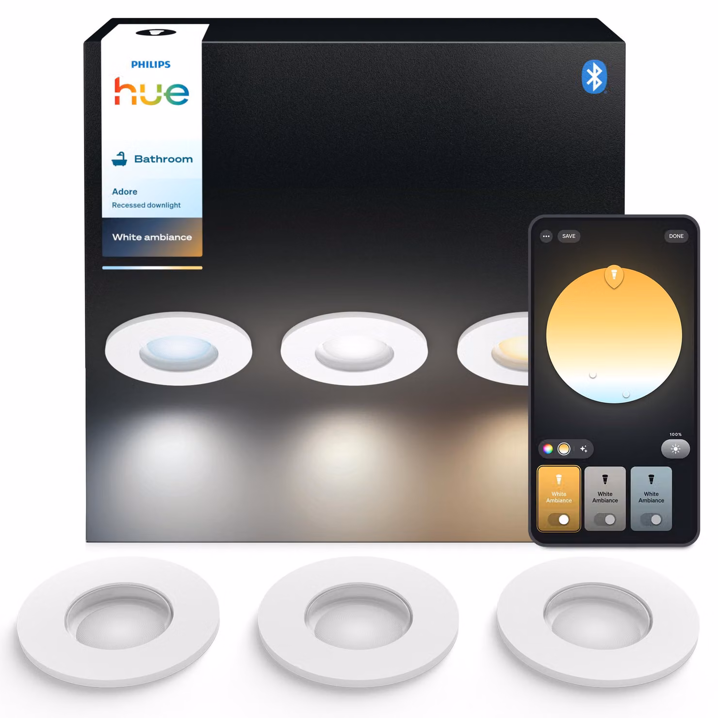 Philips Hue White ambiance, lampada da incasso per bagno, modello Adore (3 pezzi), Bluetooth/Zigbee, colore bianco, attacco GU10, temperatura di colore regolabile da 2200 K a 6500 K, angolo di illuminazione 40°