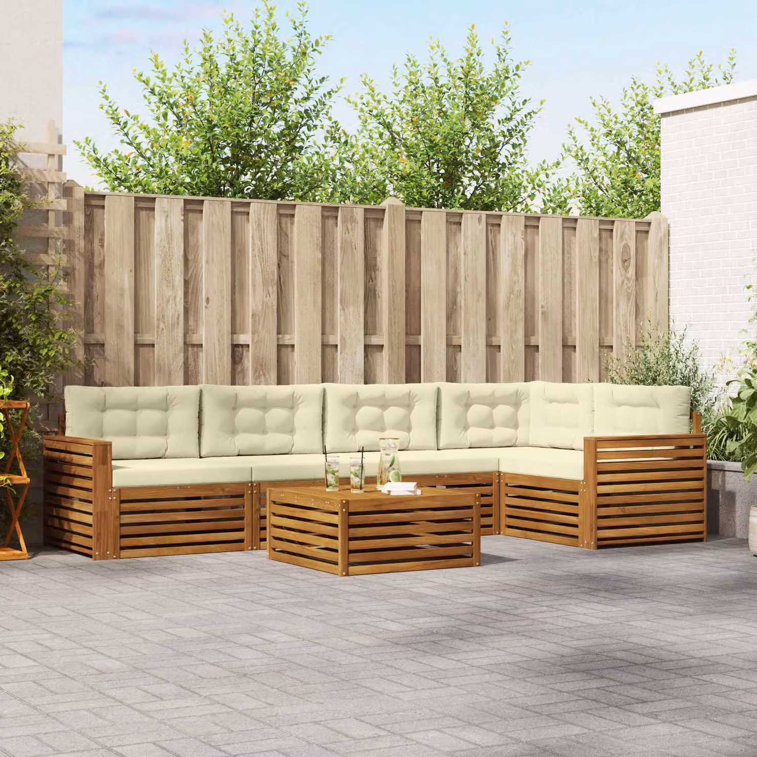 Set di divani da esterno vidaXL 6 pz in legno di acacia con tavolo da caffè e cuscini, colore beige e marrone