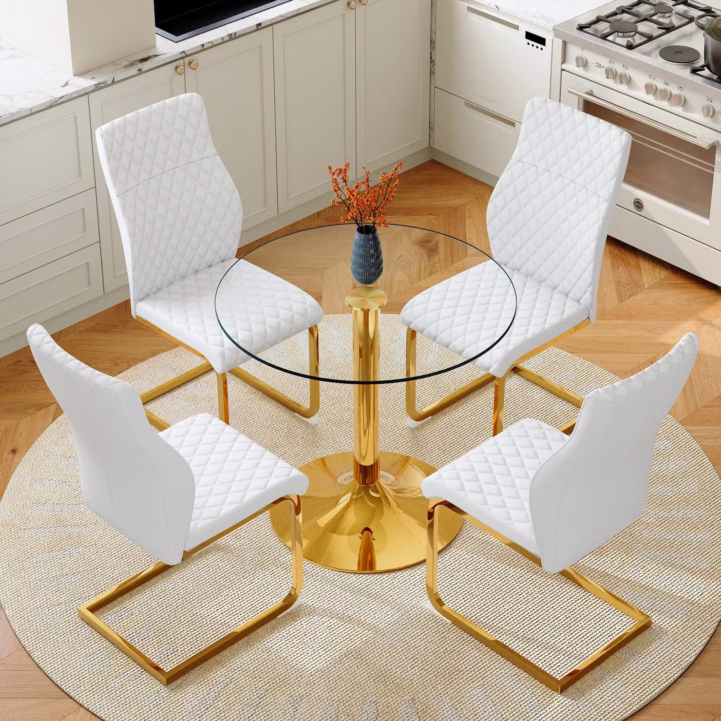 Set tavolo e sedie, tavolo in vetro diametro 85 cm, gambe in metallo, 4 sedie da pranzo (trasparente, bianco e oro)