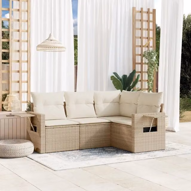 Set Divano da Giardino 4 pz con Cuscini-Sofa da Giardino-Divanetto da esterno Beige in Polyrattan 824586