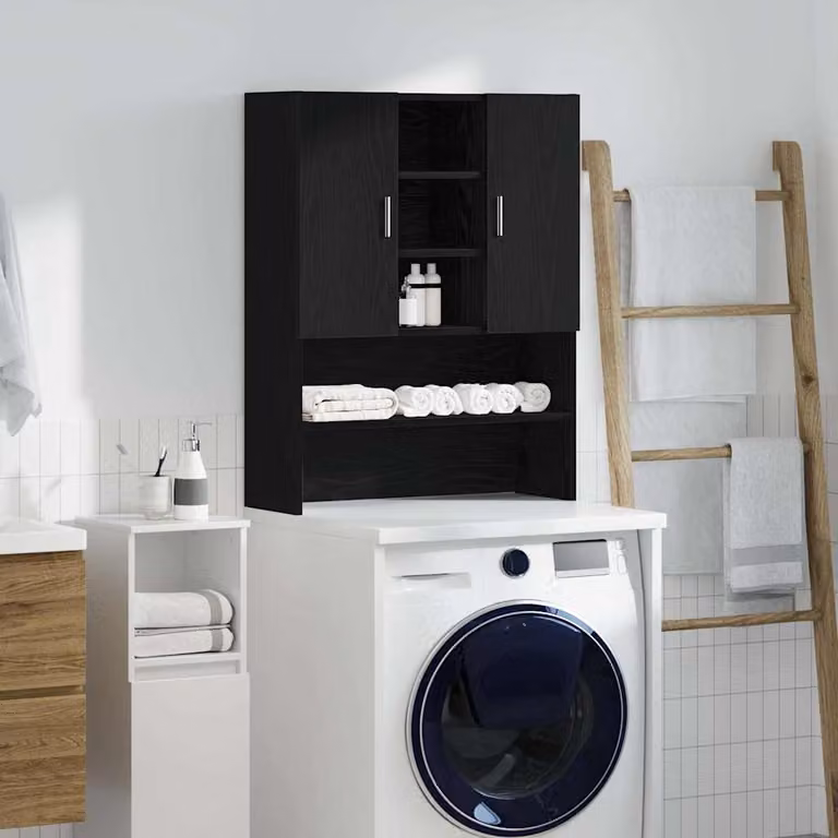 Mobile per lavatrice vidaXL in legno MDF, colore rovere e nero, con ante a battente e ripiani interni, L 70,5 cm x P 25,5 cm x H 90 cm