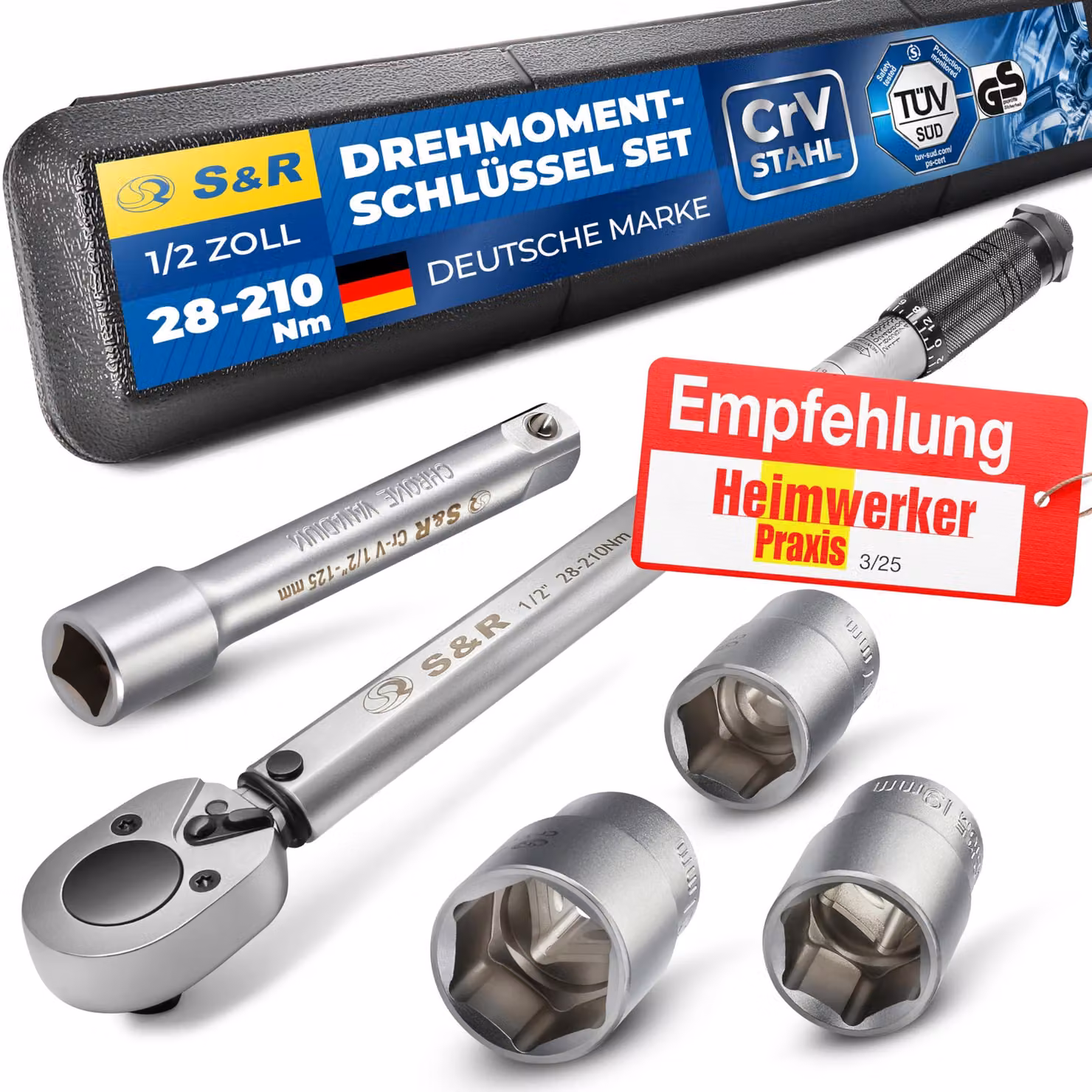Set di chiavi dinamometriche S&R, 1/2 pollice, per auto, con coppia da 28-210 Nm; chiave dinamometrica per motociclette, 475 mm; prolunga da 125 mm; 3 bussole da 17, 19 e 21 mm; chiave per pneumatici per auto, testata GS, resistente alla rottura