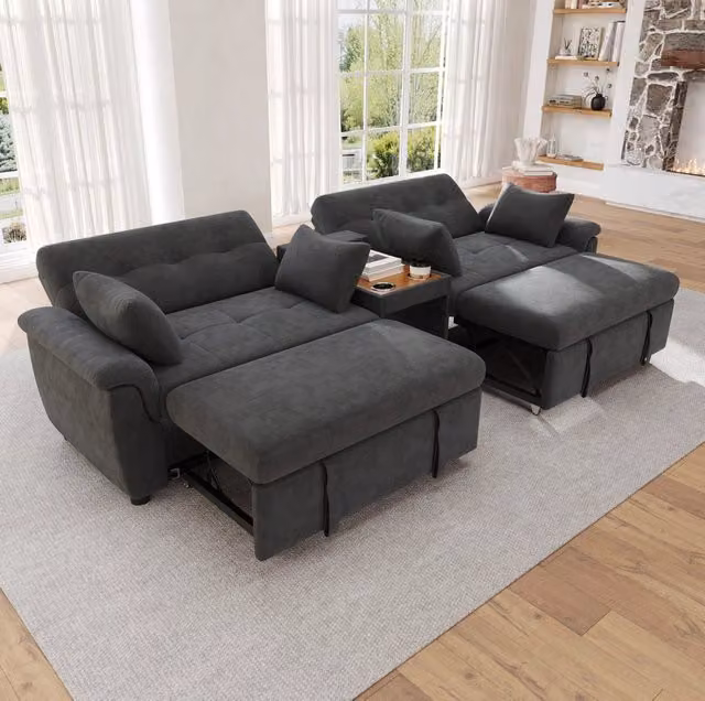 Divano letto in ciniglia grigio scuro con 2 moduli estraibili e schienale regolabile; 284×138×89 cm