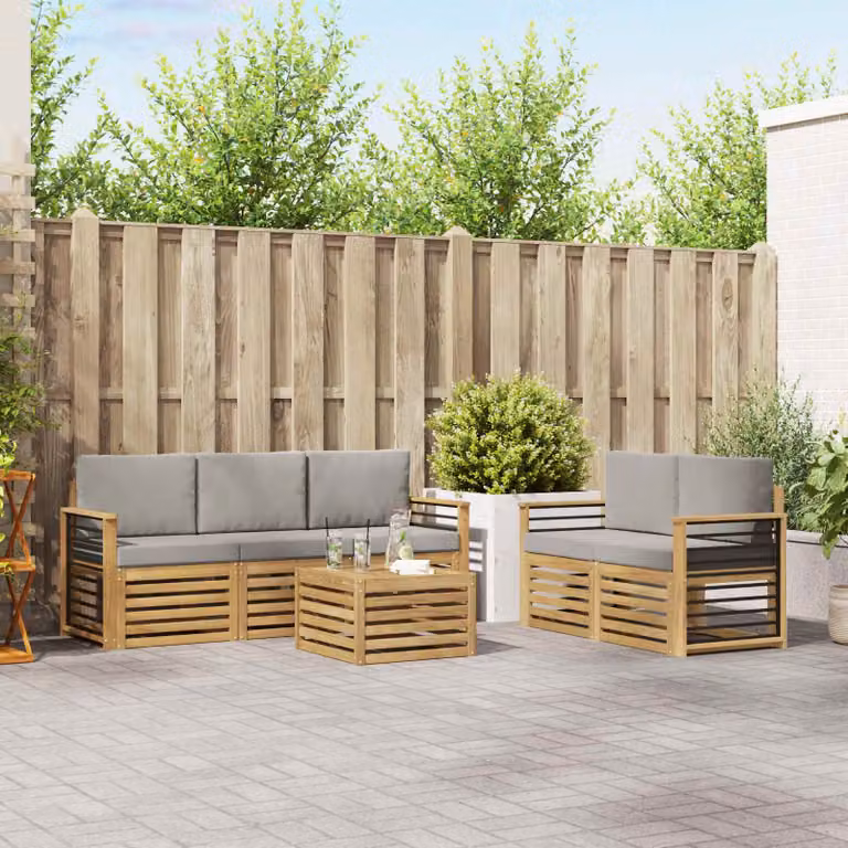 Set di divani da esterno a L con tavolino vidaXL in legno di acacia, 6 pezzi, Bianco e Grigio