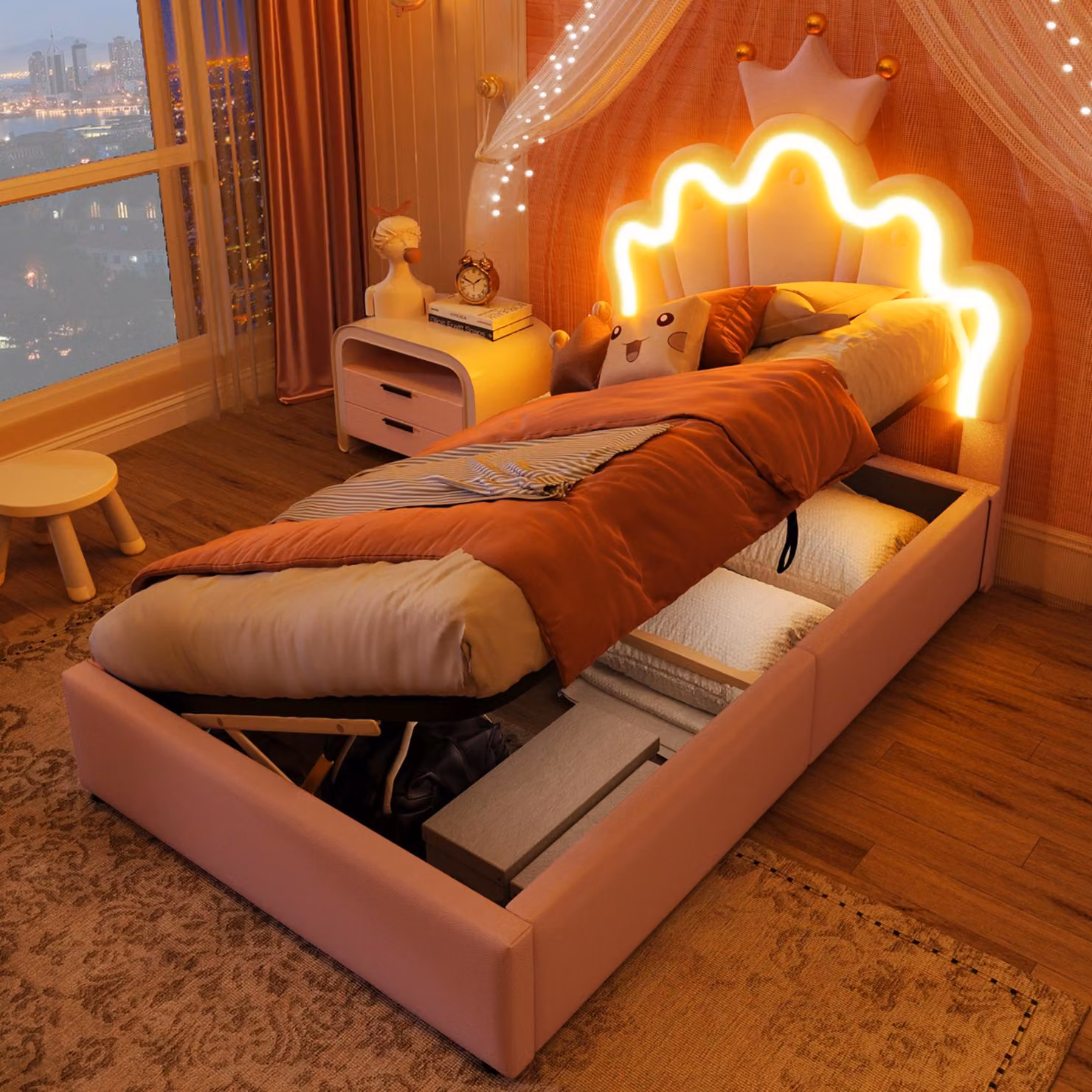 Letto imbottito Merax 90x200 cm, con LED, contenitore idraulico, testata regolabile, letto per bambini crown design, letto per principesse, letto per ragazzi, rosa