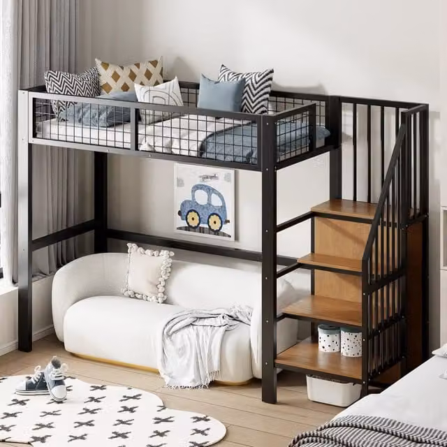 Letto a soppalco singolo MIVRAY nero con scala, armadio e ripiani contenitori, L/P: 90 x 200 cm, H: 255 cm – 1