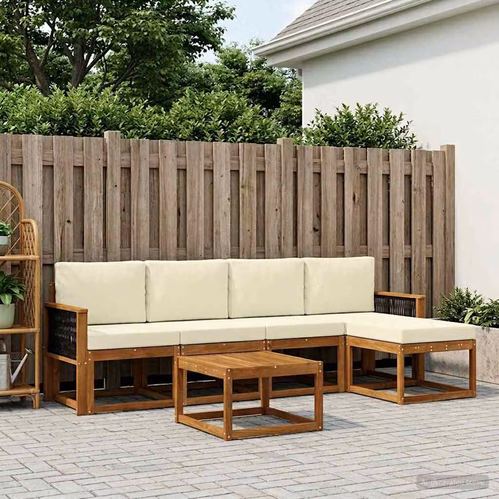 Set di divani da esterno vidaXL a forma di L composto da 6 pezzi con tavolino e pouf, in legno di acacia e tessuto beige e bianco