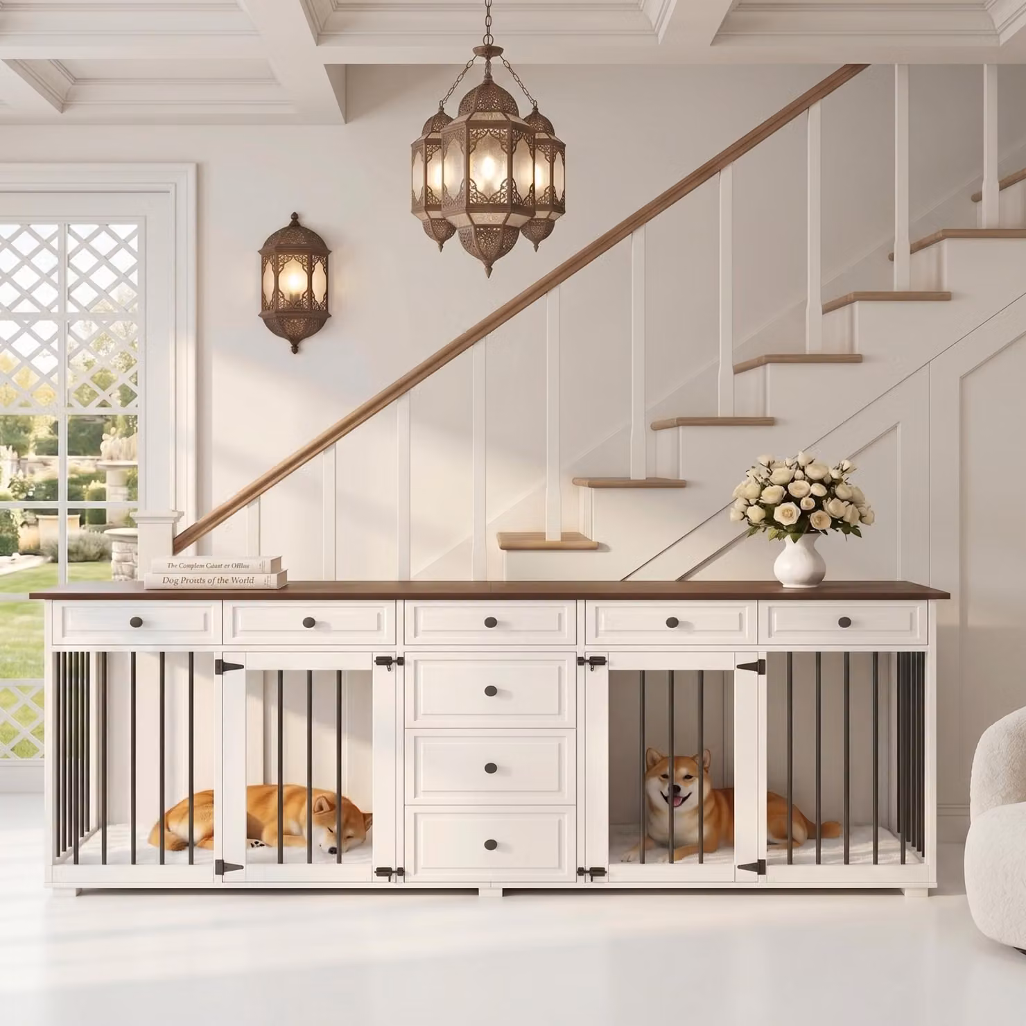 Cuccia per cani Fliek con 8 cassetti, trasportino per cani con serratura, kennel per 2 cani, 200x60x85 cm, bianco