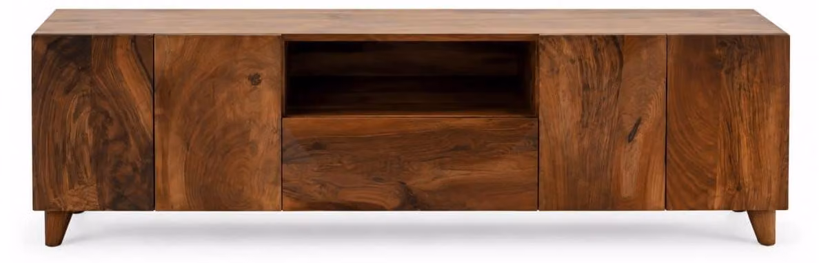 Mobile TV a basso con piano in legno massello, finitura noce. Elegante mobile per il soggiorno