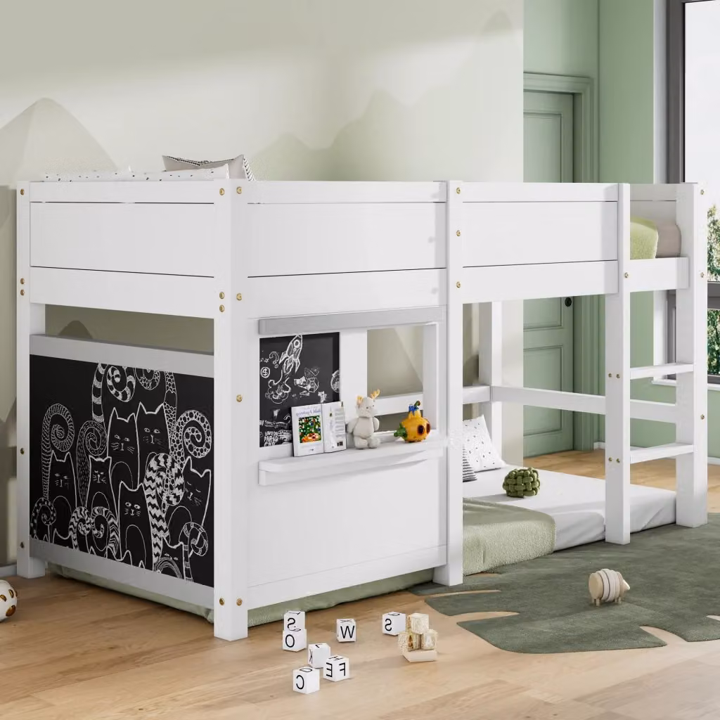 Letto per bambini Chicfurn in legno massiccio di pino bianco con struttura a casetta, lavagna, ripiano e scala a 3 gradini, L/P/H: 200 x 90 x 120 cm – 2