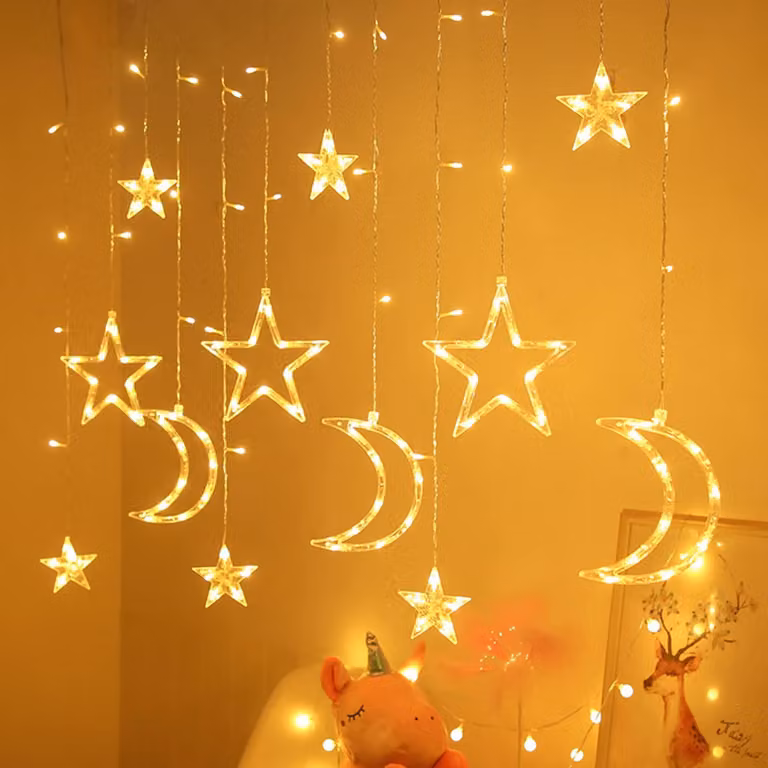 Illuminazione a LED a forma di tenda, con motivo stelle e luna, 126 luci, 3 metri, multicolore
