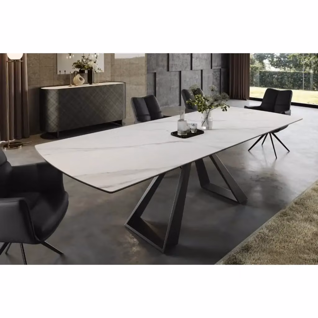 Tavolo da pranzo rettangolare allungabile MEUBLORAMA in ceramica con base in metallo, design moderno con effetto marmo bianco, nero e grigio – 2