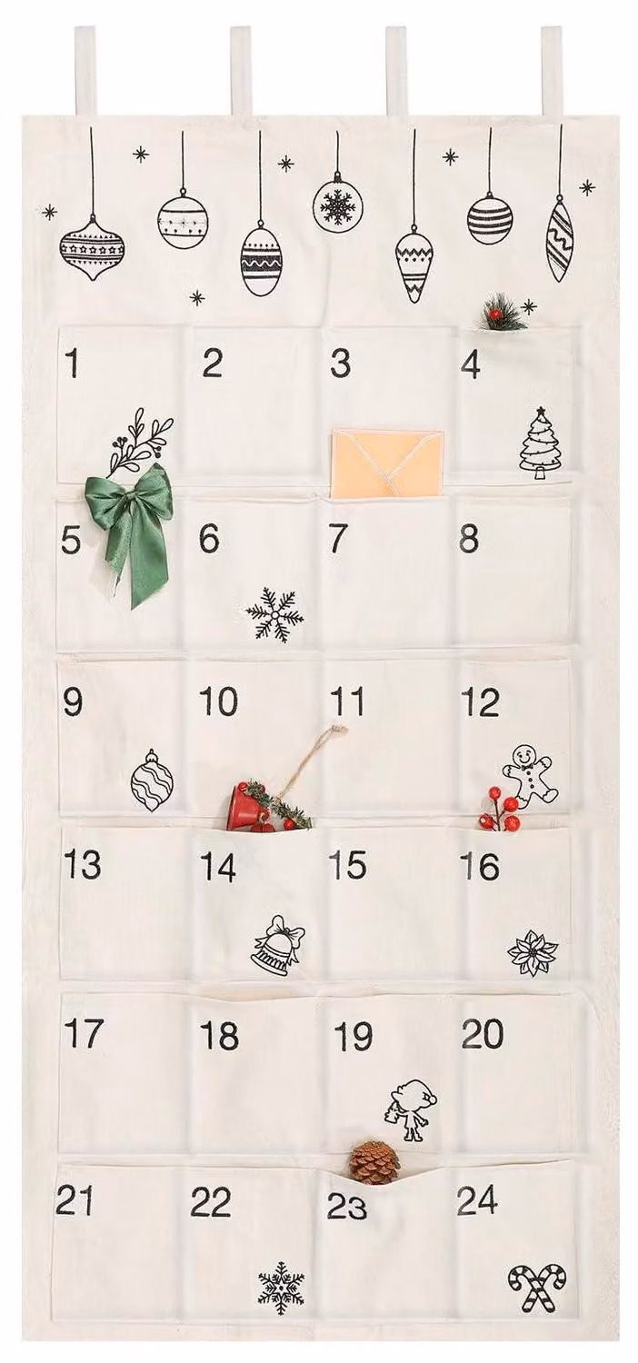 Calendario dell'Avvento da riempire, dimensioni 120x60 cm, arazzo con 24 scomparti, riutilizzabile, ideale per decorazioni natalizie