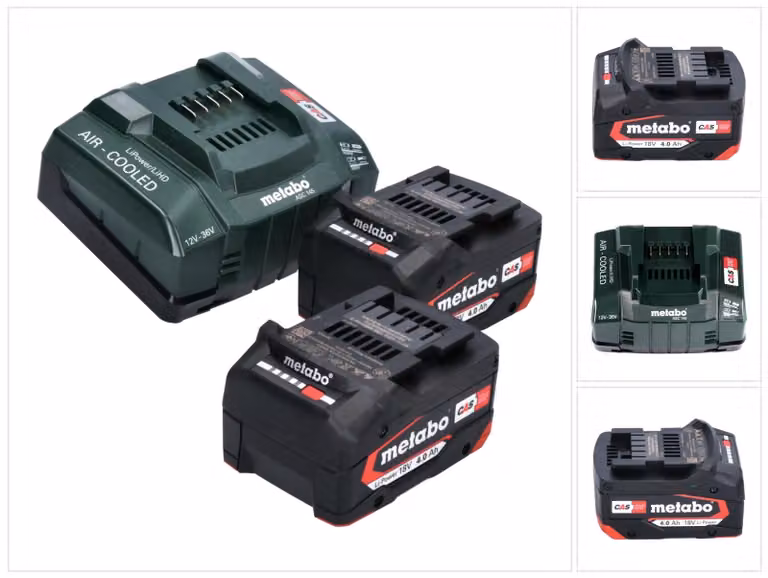 Set base Metabo 2x batteria Li-Power 18 V 4,0 Ah CAS agli ioni di litio ( 2x 625027000 ) + caricatore rapido ASC 145 ( 627378000 )