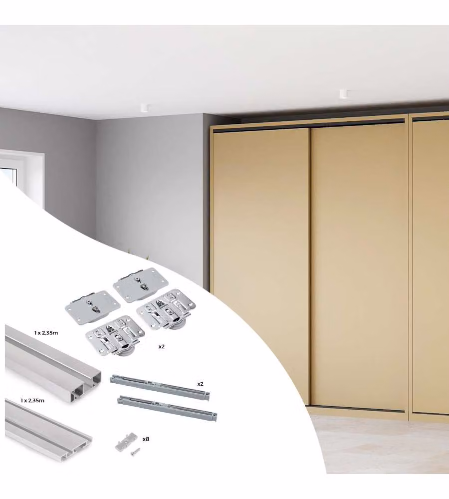 Emuca Sistema Flow da superficie in kit per un armadio con 2 ante scorrevoli in legno supportate da chiusura ammortizzat