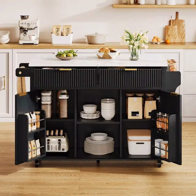 Isola da cucina WISHDOR con piano ribaltabile e ruote, finitura Nero e Beige, L: 143 cm, P: 45 cm, H: 89,5 cm