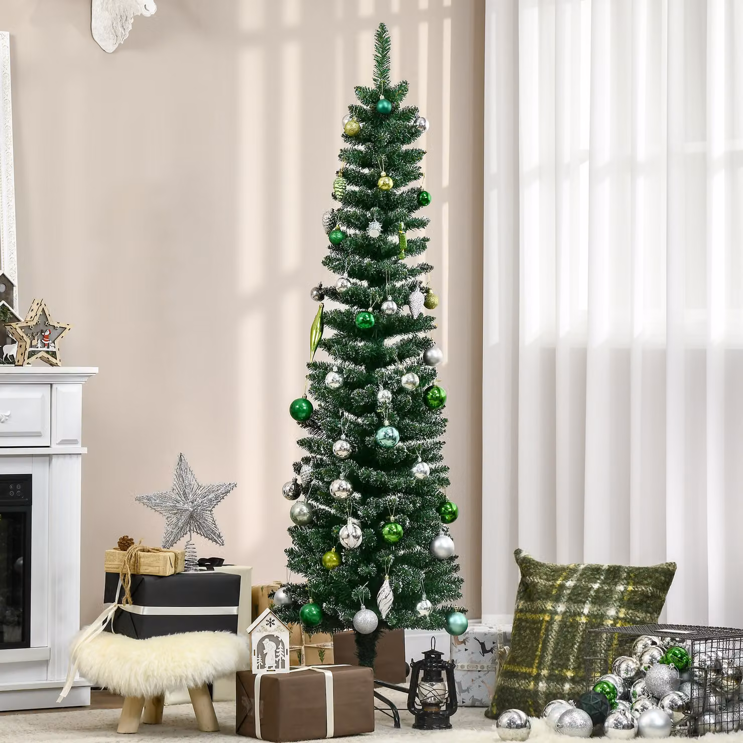 Albero di Natale Innevato Slim HOMCOM con 443 Rami, Base Rimovibile e Pieghevole, Verde, Ø: 48 cm, Altezza: 165 cm – 2