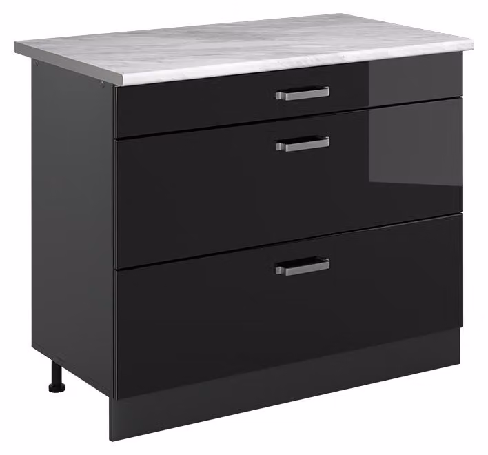 Mobiletto base per cucina Vicco R-Line Nero lucido/Antracite 100 cm piano di lavoro Marmo, Model 71589