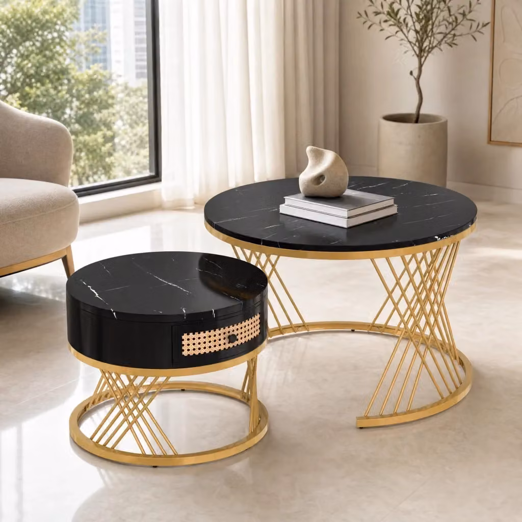Set di tavolini bassi a incastro rotondi MIVRAY con cassetto in MDF nero, piano effetto marmo e gambe in metallo dorate – 2
