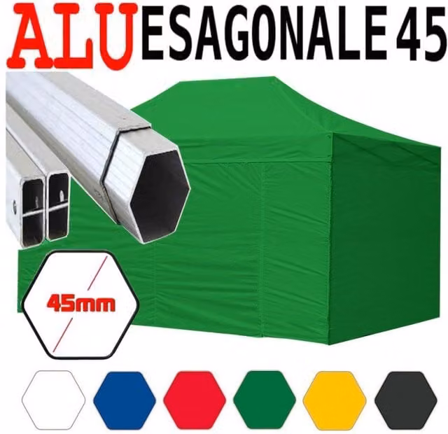 Gazebo 3x4,5 m verde pieghevole alluminio piantone esagonale 45mm portatile estendibile richiudibile estensibile acciaio con laterali per fiere eventi stand chiosco tenda tendone mercato mercatino