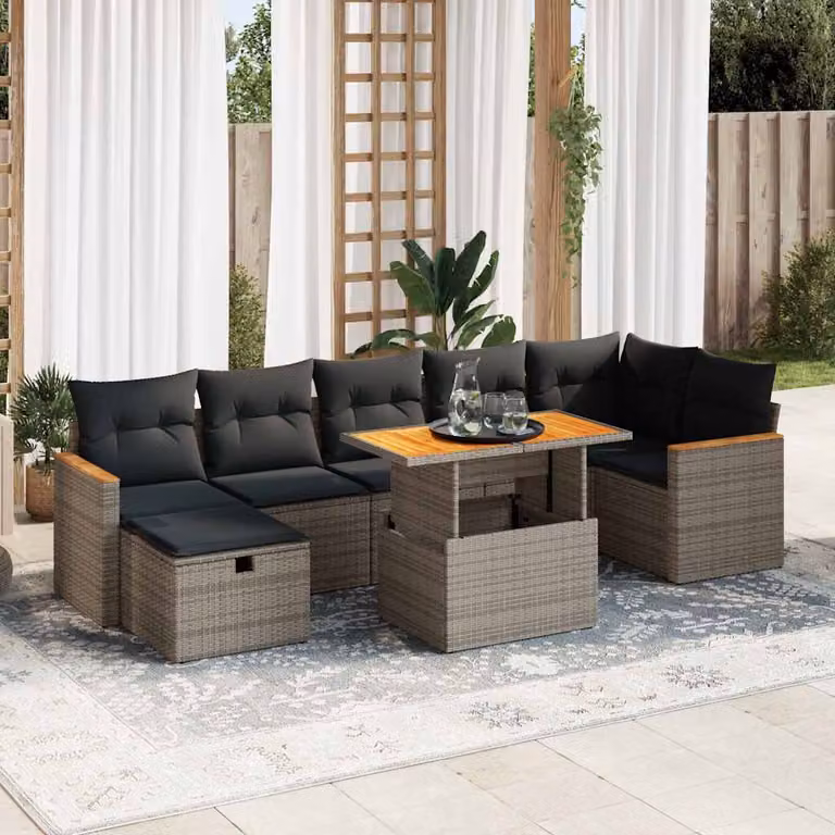 Set Divano da Giardino vidaXL 5 pz in Polyrattan e Legno di Acacia con Cuscini Grigio