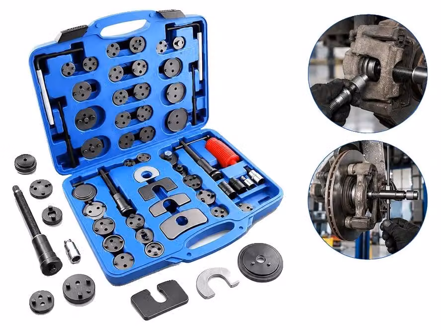 Set di utensili per pinze freno, composto da 50 pezzi, realizzato Acciaio al carbonio #45, compatibile con diversi modelli, include una custodia e 35 adattatori per dischi freno