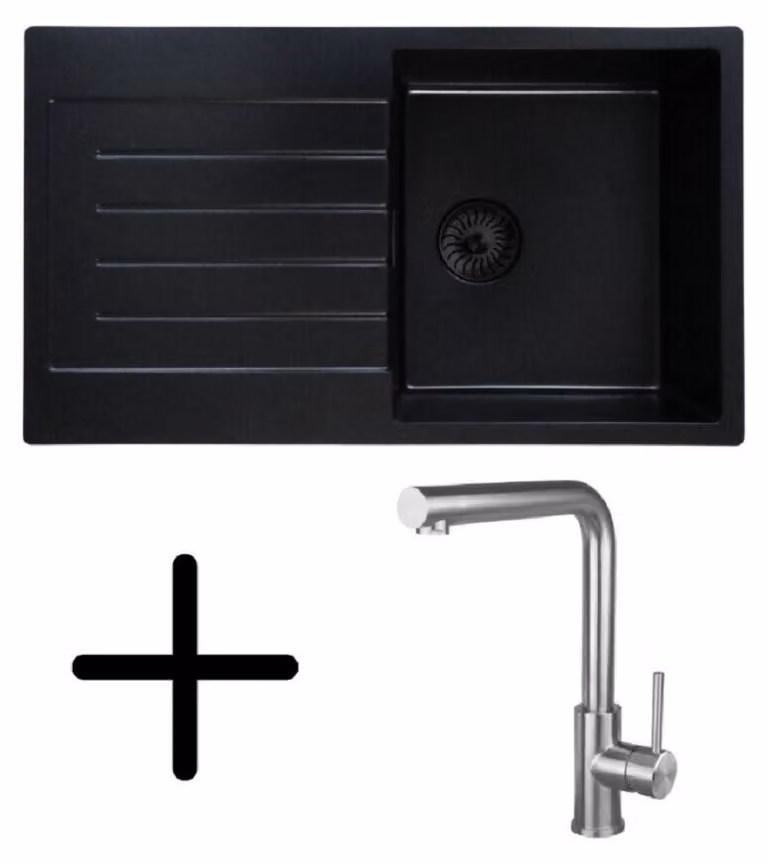 Lavello Caressi CAQPP770R10BK-EB, da incasso con rubinetto da cucina CABL003IU. Nero.