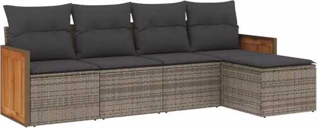 Set Divano da Giardino a L 5 Pezzi in Polyrattan Grigio con Cuscini e Ottoman DESIGN IN