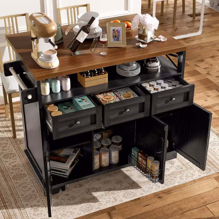 Isola da cucina con ruote e spazio contenitivo, dimensioni 118 x 43 x 98 cm, piano pieghevole, tre cassetti, realizzata in MDF e metallo, colore nero
