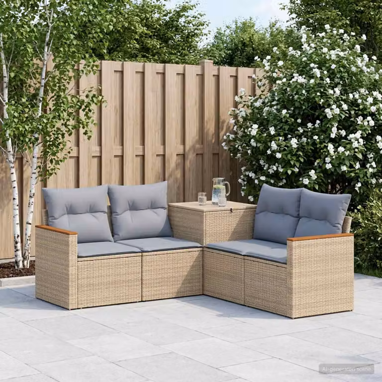 Set di divani da giardino vidaXL in polyrattan con forma a L, beige e grigio con cuscini inclusi