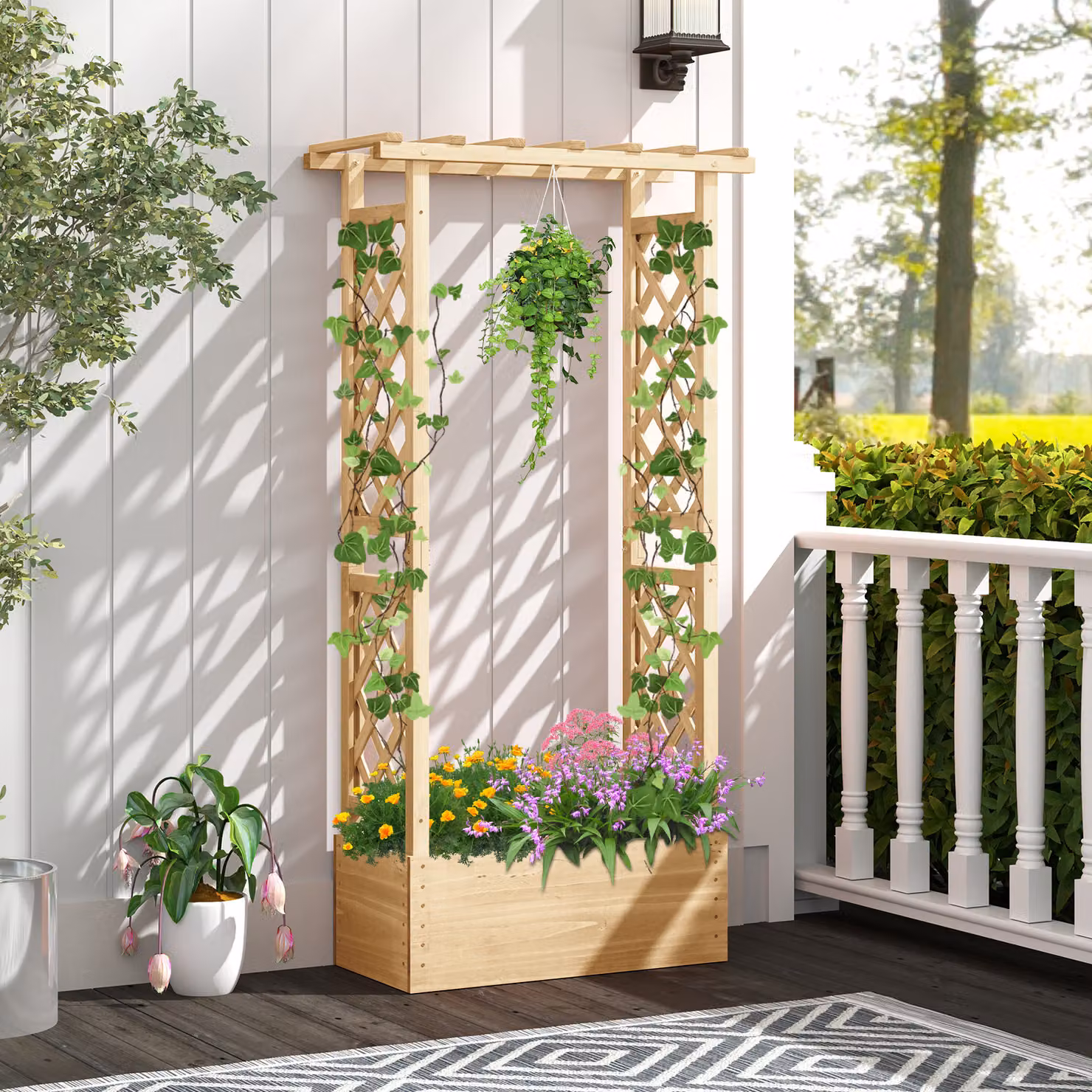 Costway Letto rialzato da giardino in legno marrone con traliccio, tetto pendente e fioriera con fori di drenaggio per interni ed esterni