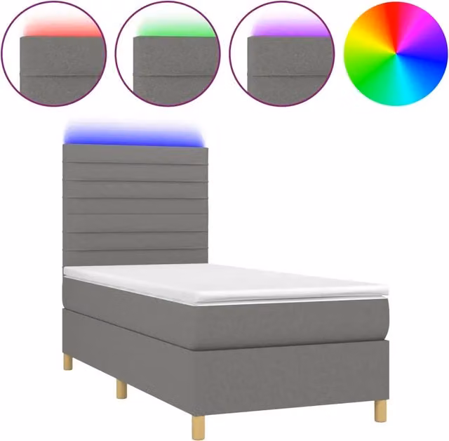 Letto singolo | Letto per adulti | Letto a Molle Materasso e LED Grigio Scuro 90x190 cm in Tessuto