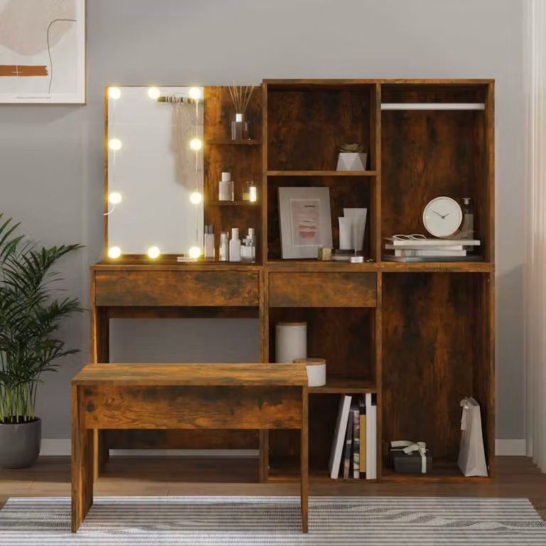 Set Tavolo da Toeletta con LED vidaXL in Legno Rovere Fumo Marrone L: 140 cm, P: 40 cm, H: 60 cm