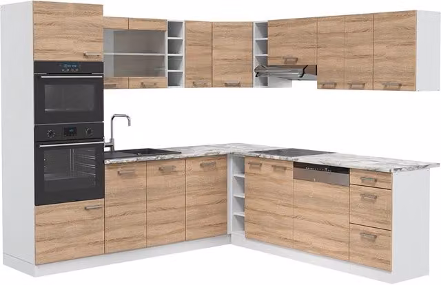 Cucina angolare moderna Vicco R-Line Sonoma/Bianco con ante in vetro e illuminazione integrata L/P/H: 247 x 237 x 239 cm – 1
