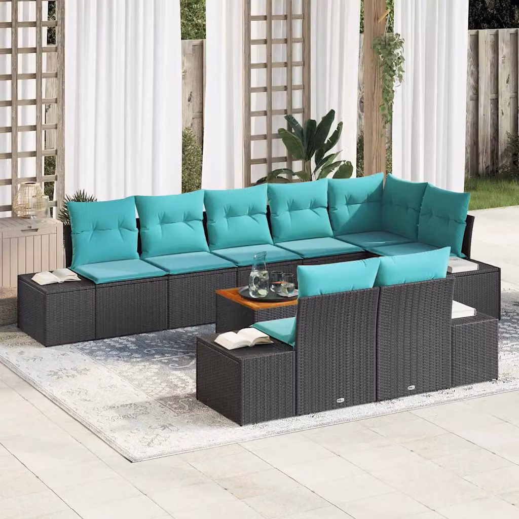 Set Divano da Giardino vidaXL 9 pz a forma di U con Tavolino, Colore Nero e Cuscini Turchesi, Struttura in Acciaio e Polyrattan