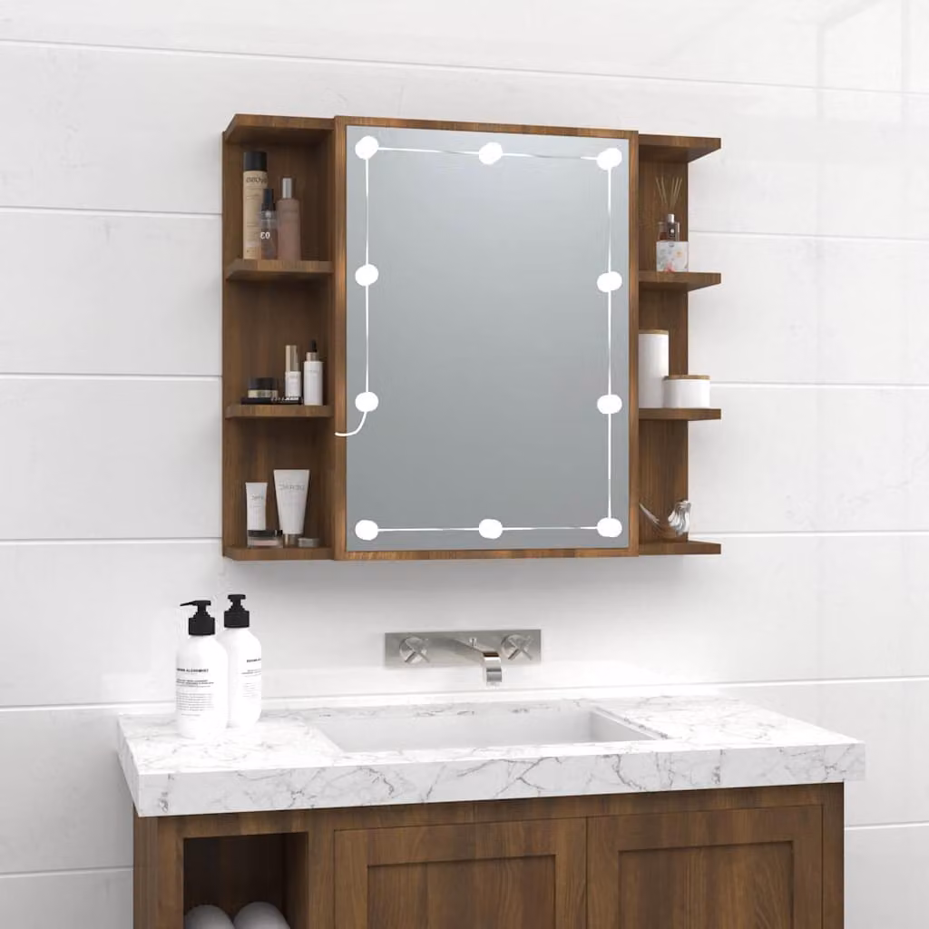 Armadietto da bagno con specchio e illuminazione LED vidaXL in rovere marrone L: 70 cm, P: 16,5 cm, H: 60 cm