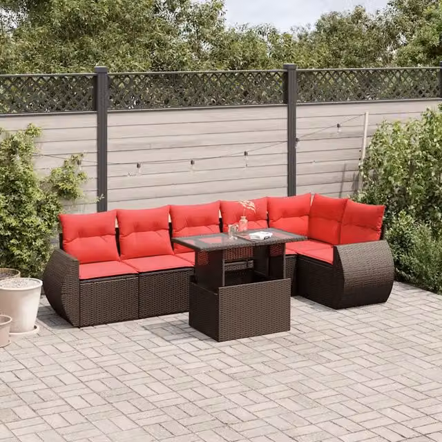 Set da giardino vidaXL composto da 7 pezzi con cuscini marroni in polyrattan e struttura in acciaio rivestito in polvere – 1