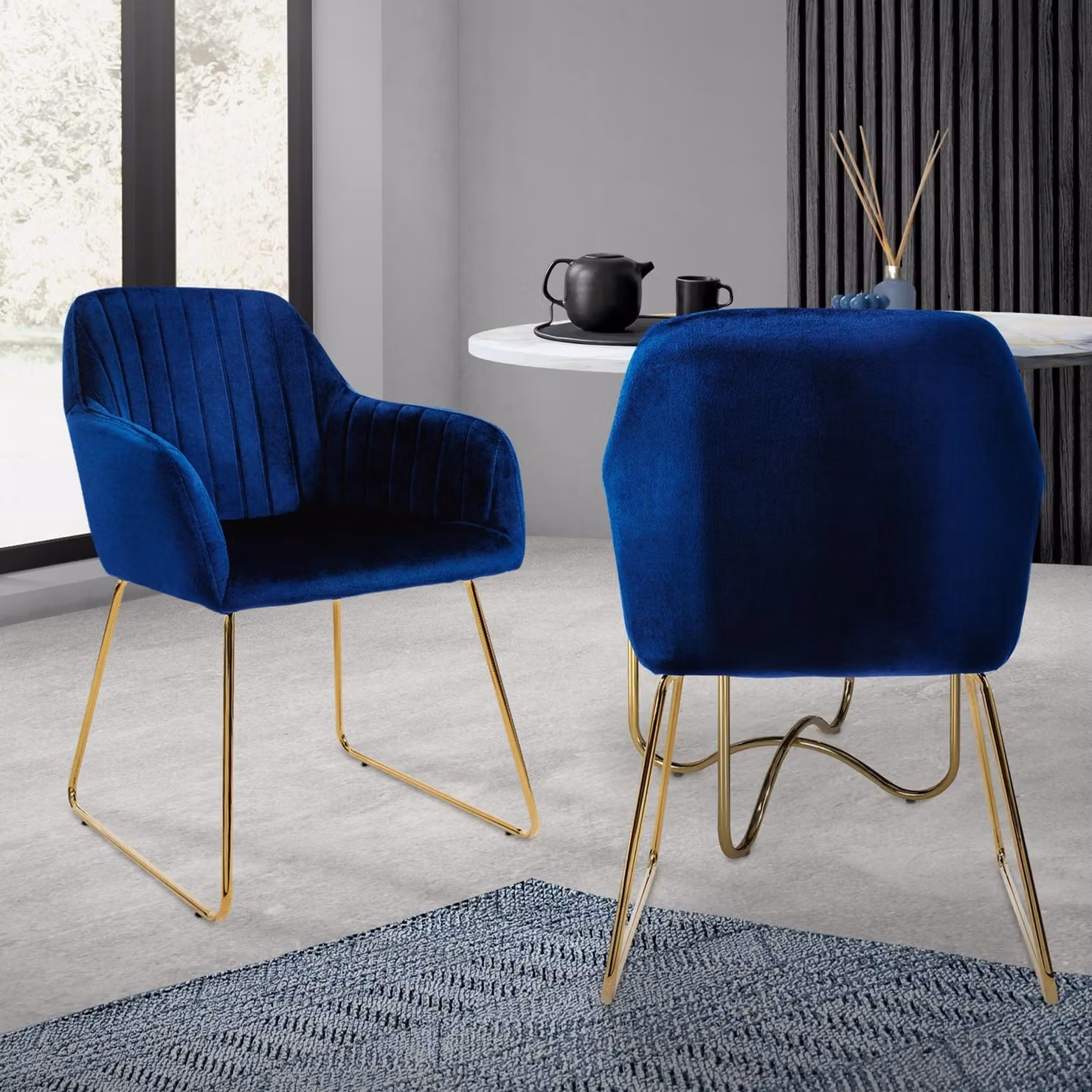 ML-Design set di 2 sedie da pranzo con schienale, blu, in velluto