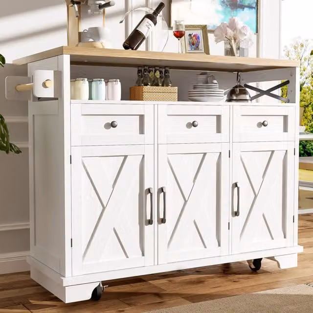 Carrello da cucina con piano ribaltabile 3 cassetti e ripiani regolabili portasalviette in MDF bianco 118 × 43 × 98 cm