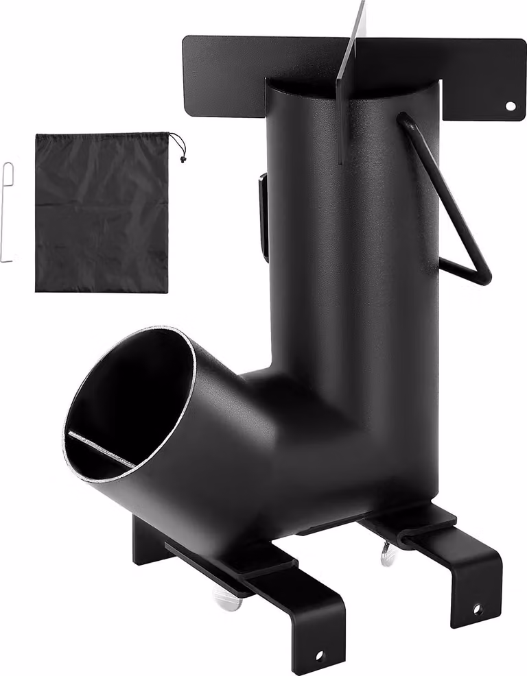 SucceBuy fornello a razzo Acciaio al carbonio con borsa per il trasporto, ideale per bruciare ramoscelli, bastoncini o carbonella. Perfetto per cucinare all'aperto, in campeggio e come barbecue da campeggio.