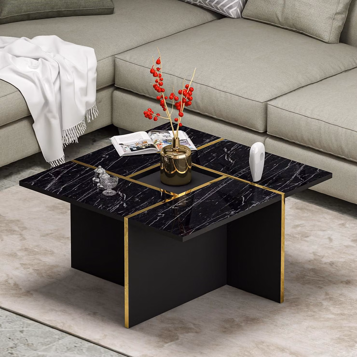 Tavolino HOMIDEA SILVA – Tavolino da salotto con ripiano – Tavolino moderno con effetto marmo nero