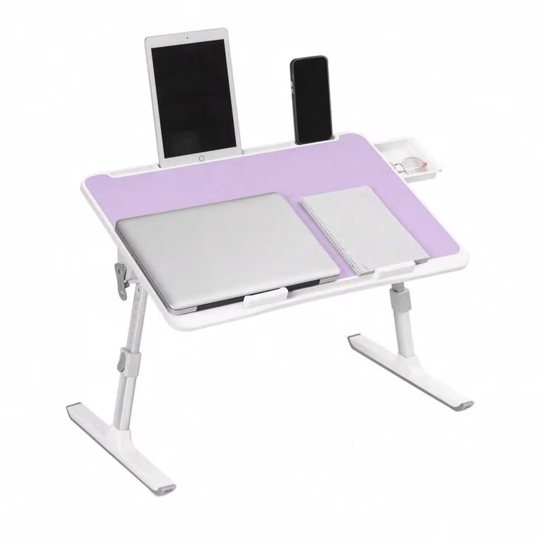 Tavolino per laptop da letto e divano - Tavolino pieghevole - 60×40 cm - Regolabile in altezza e inclinazione - Con cassetto - Plastica - Viola