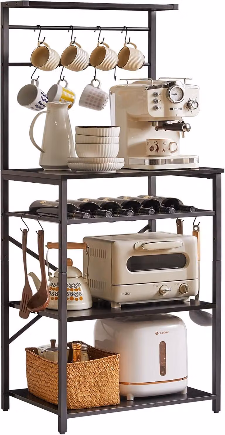 Ripiano per cucina, scaffale per panetteria, supporto per microonde con ripiani di stoccaggio, postazione industriale per caffetterie, con portabottiglie regolabili e ganci a forma di S